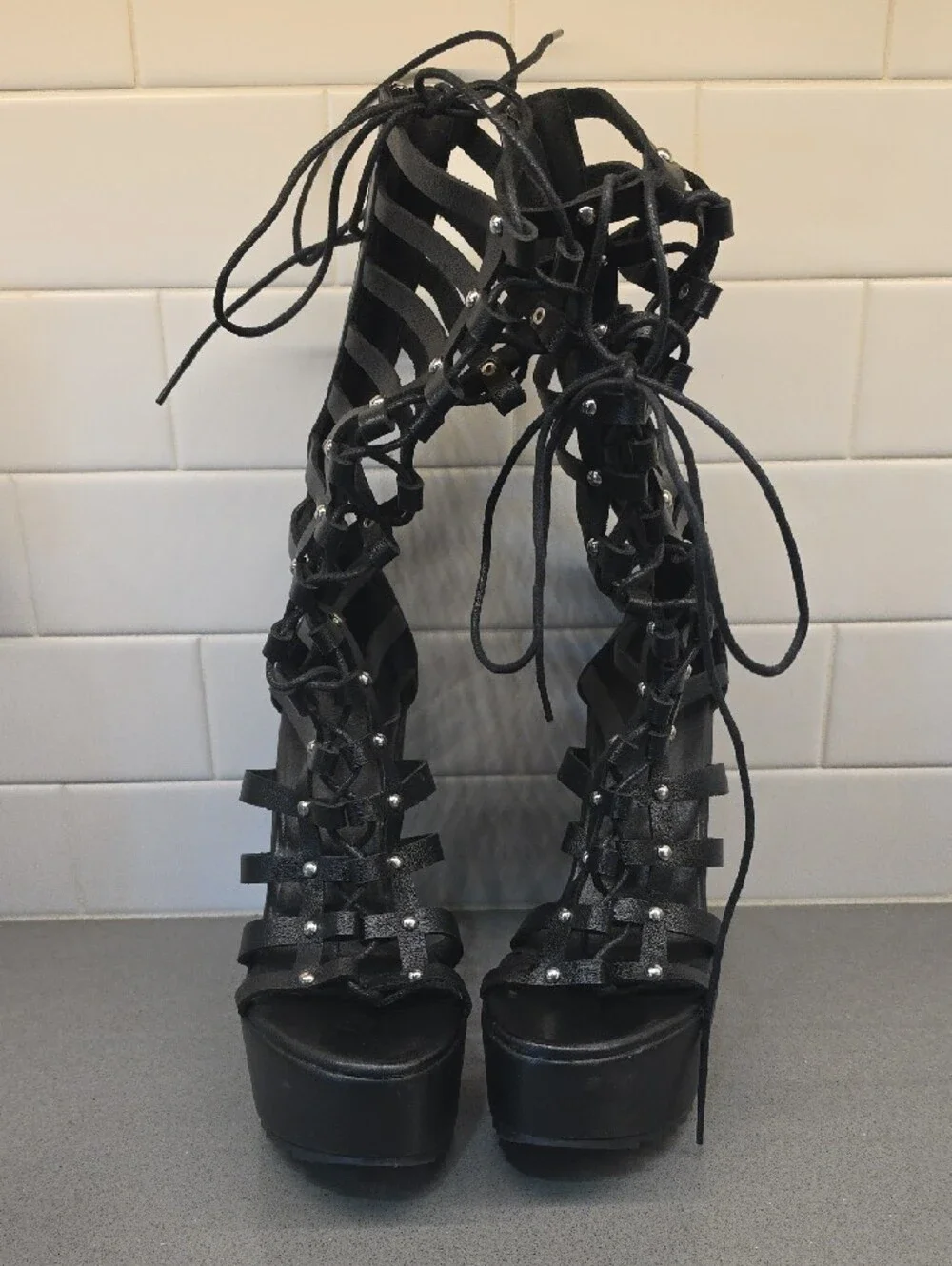 Black Lace-Up Gladiator Wedge Sandals